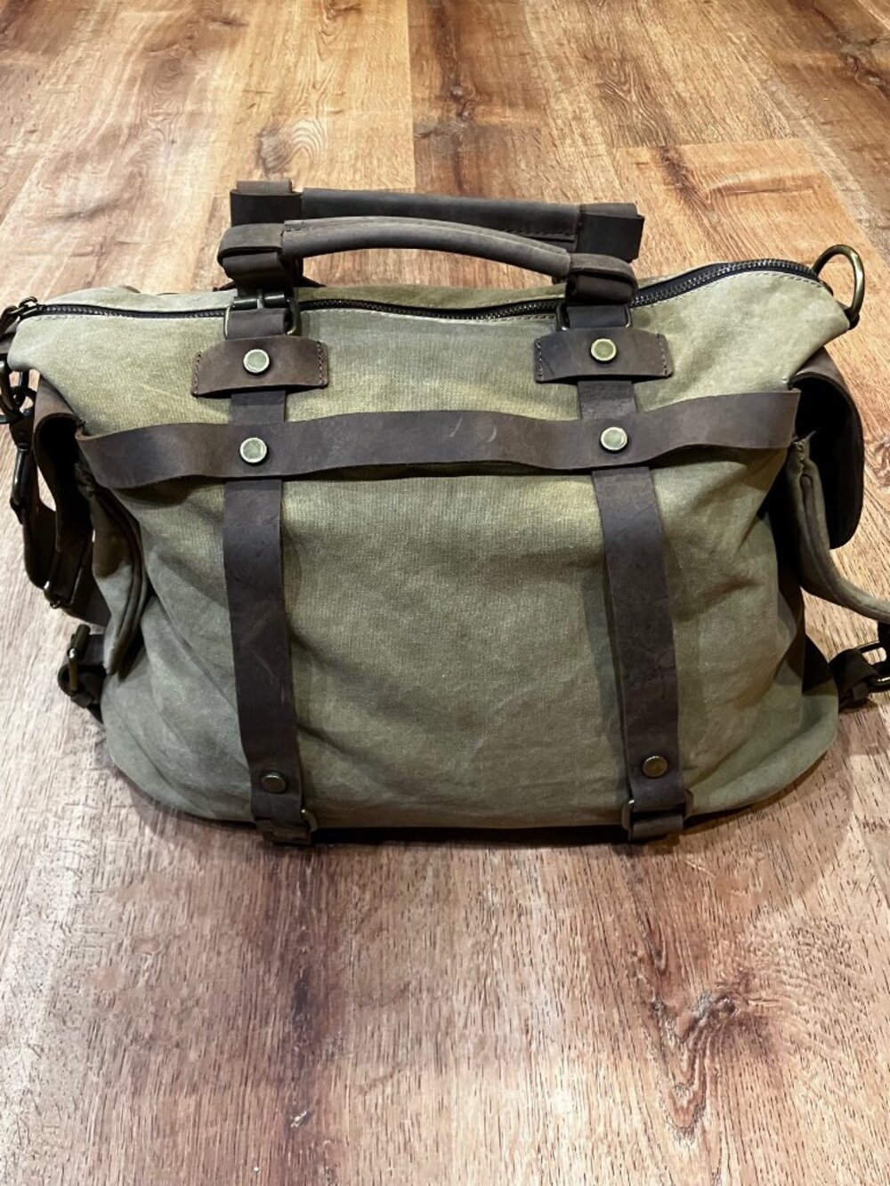Travel Duffle Type Bag Khaki Canvas Brown Leather Brass Details Like New 16x13x6